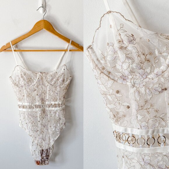 For Love And Lemons | Cream Floral Lace Bodysuit - Picture 1 of 8